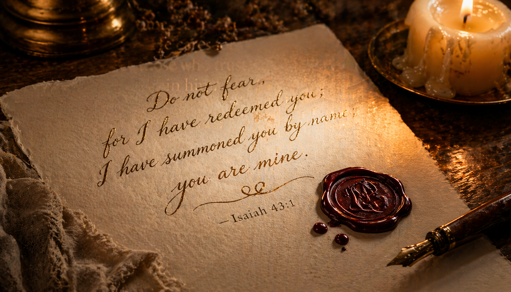 Isaiah 43:1 Bible verse wallpaper gold calligraphy on parchment with candle and wax seal - I have summoned you by name